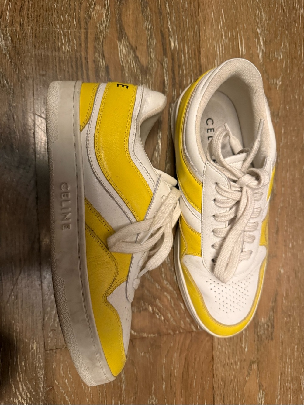 Celine Yellow and White Low-Top Leather Sneakers